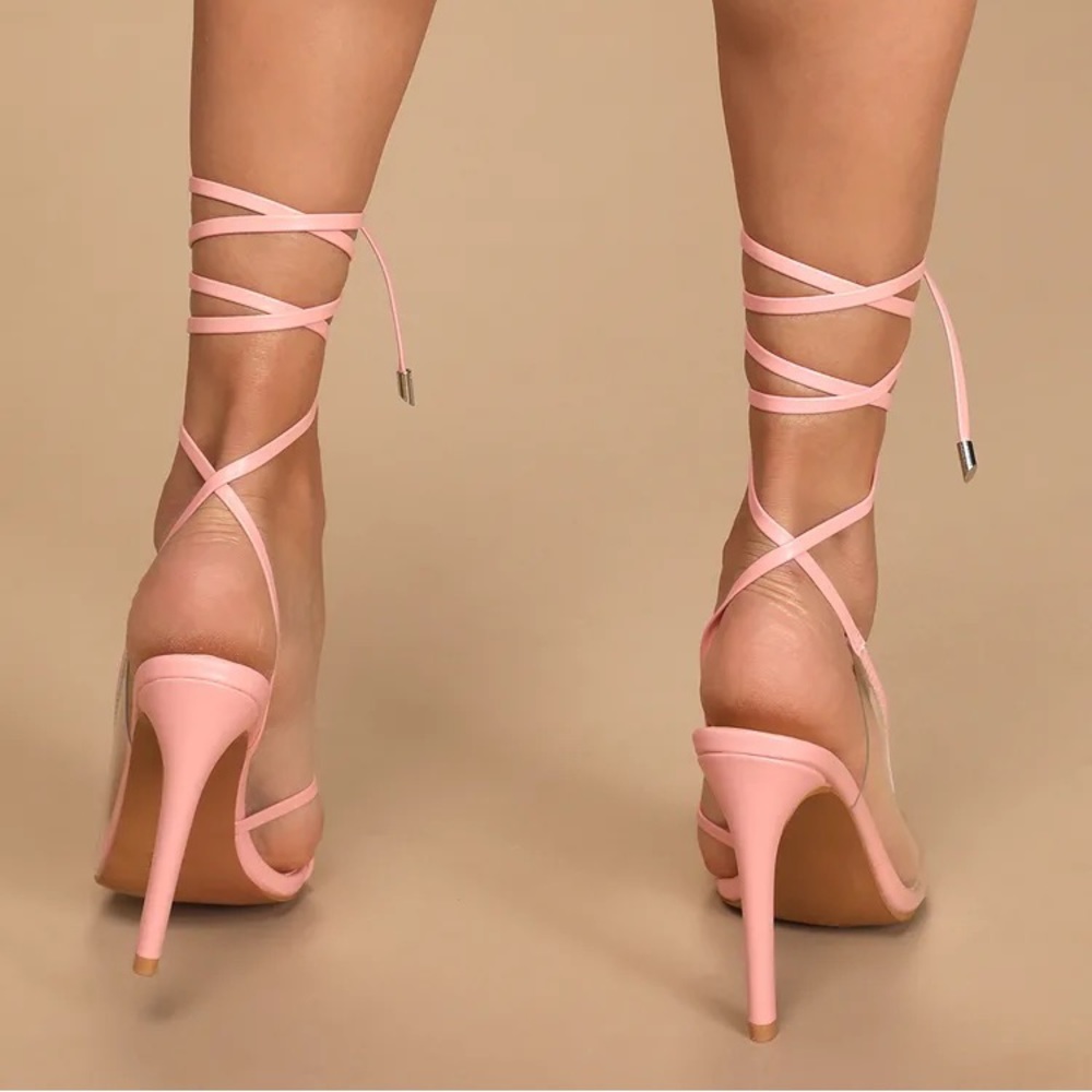 Optimuh Pink Vinyl Pointed-Toe Lace-Up Heels NWT